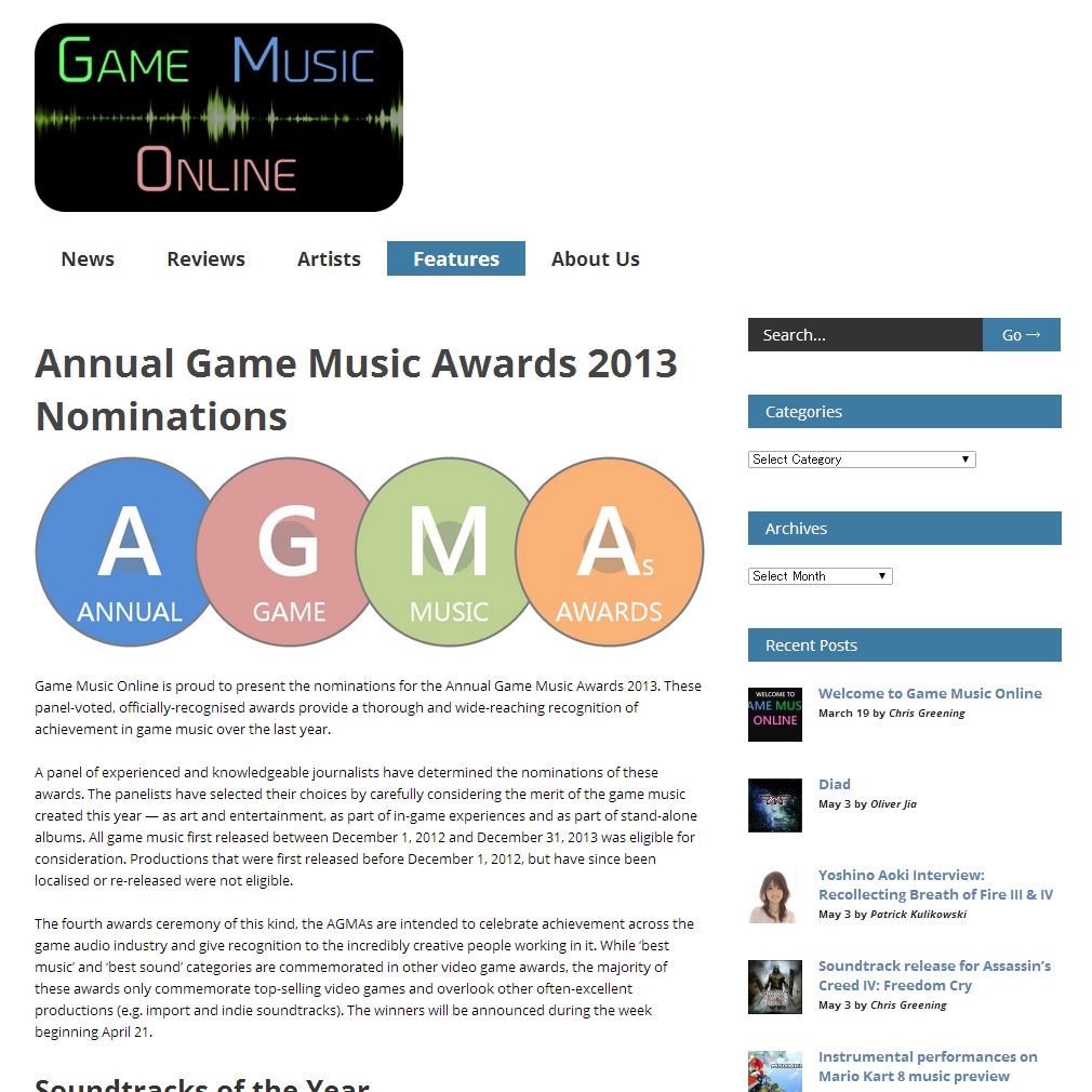 Annual Game Music Awards 2013にノミネートされました